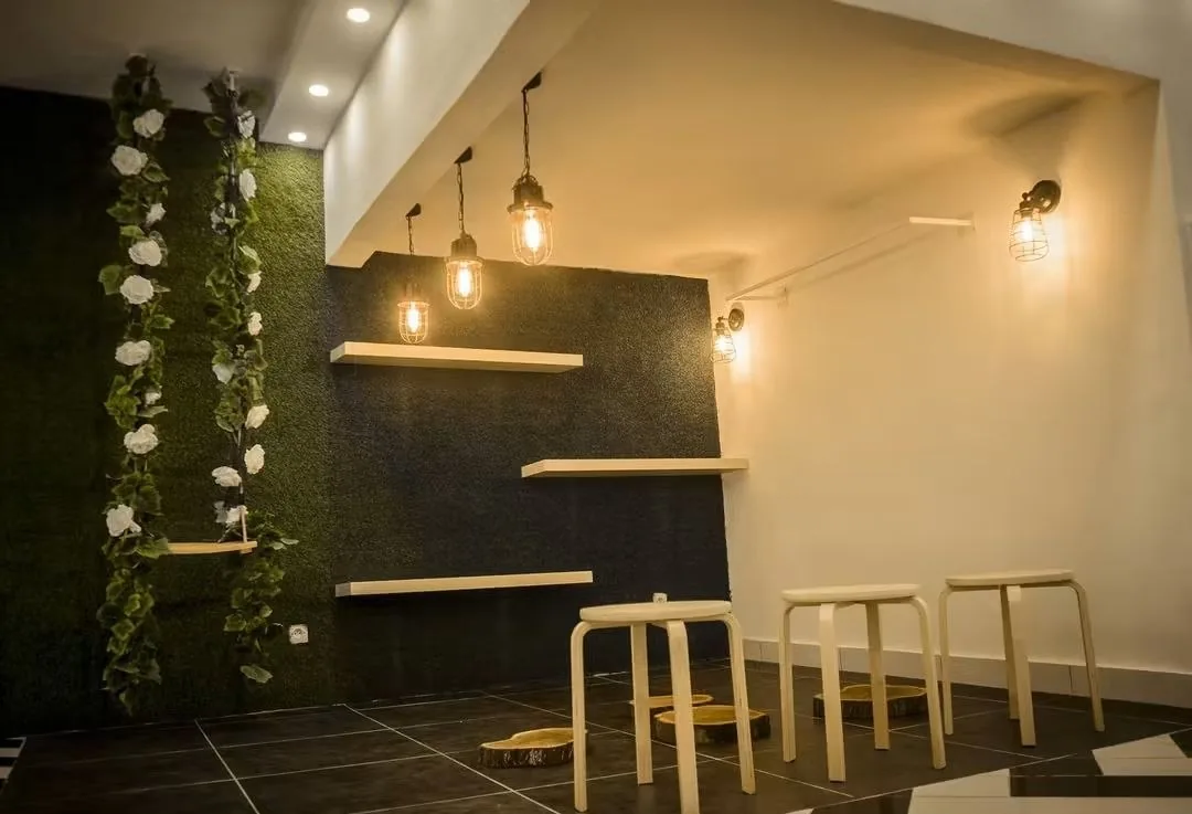 Boutique Nanawax : coin salon, mur végétal